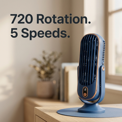Blue dual motor rotating tower fan with 720 rotation and 5 speeds text