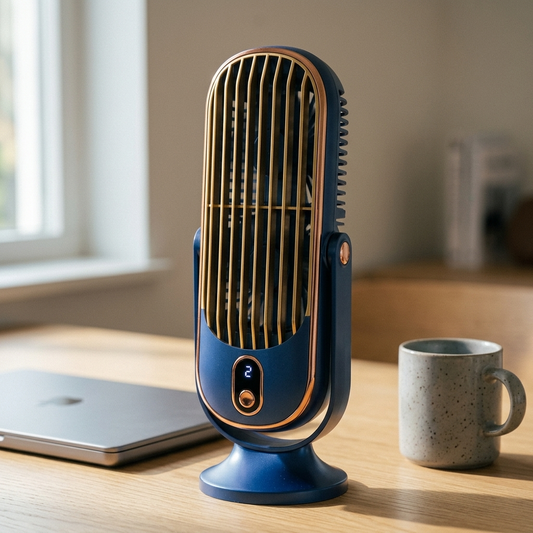 Blue dual motor rotating tower fan on home office desk with laptop