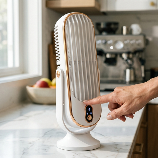White dual motor rotating tower fan on kitchen counter with hand adjusting speed