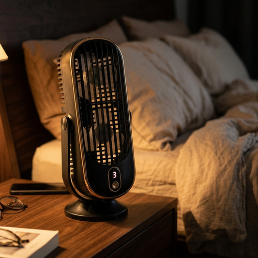 Black dual motor rotating tower fan on bedside table at night