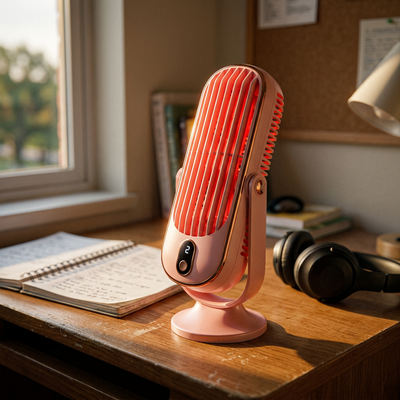 Pink dual motor rotating tower fan on dorm study desk in afternoon light