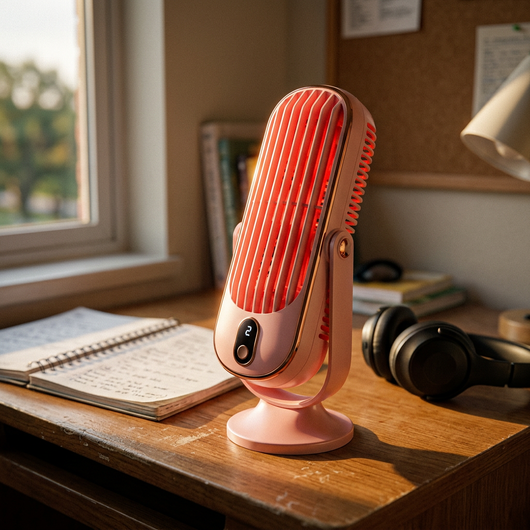 Pink dual motor rotating tower fan on dorm study desk in afternoon light