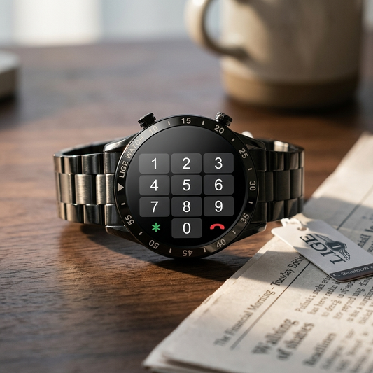 Black 4G calling smartwatch with stainless steel link band on a walnut desk showing the dial pad