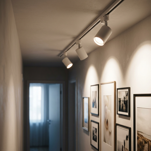 White track lighting with three spotlights washing light down a hallway gallery wall