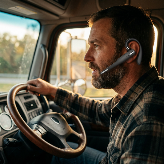 Truck driver wearing black Bluetooth headset with boom mic in semi cab