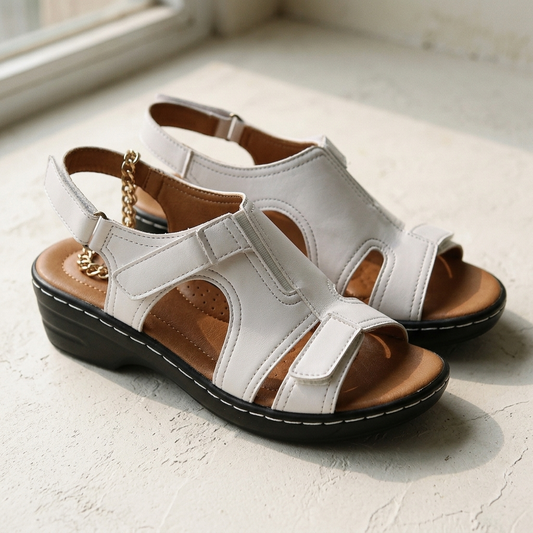 Ivory white wedge sandals with adjustable straps on pale plaster surface