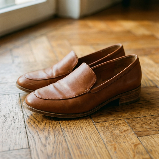 Cognac brown vintage slip on loafers with low stacked heel on oak parquet floor