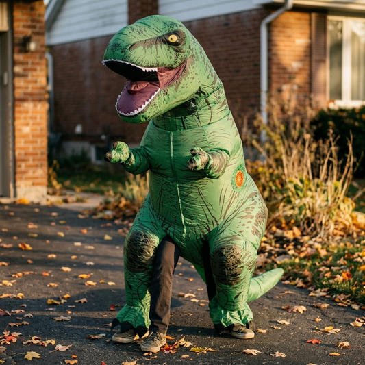 Green inflatable T-Rex costume worn by an adult in a driveway at golden hour
