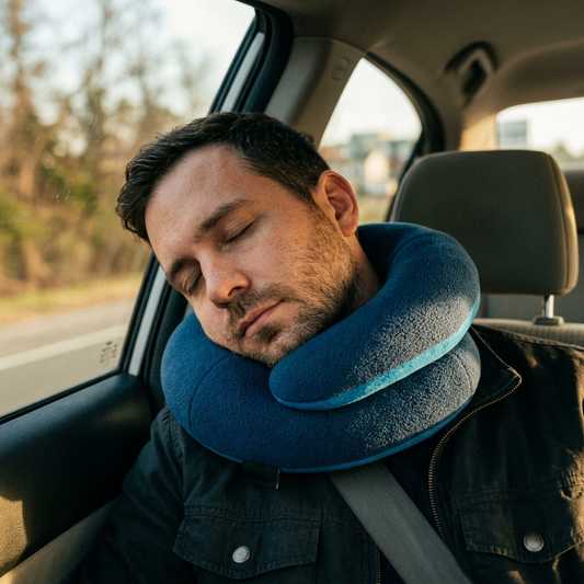 Ocean blue travel neck pillow worn in car passenger seat arms folded over shoulder