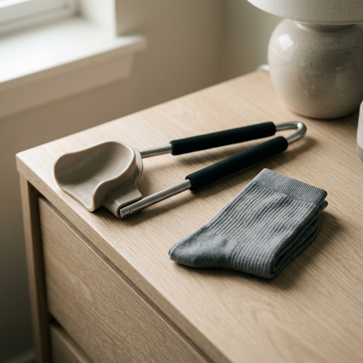 Folding compression sock aid on oak dresser with gray compression socks