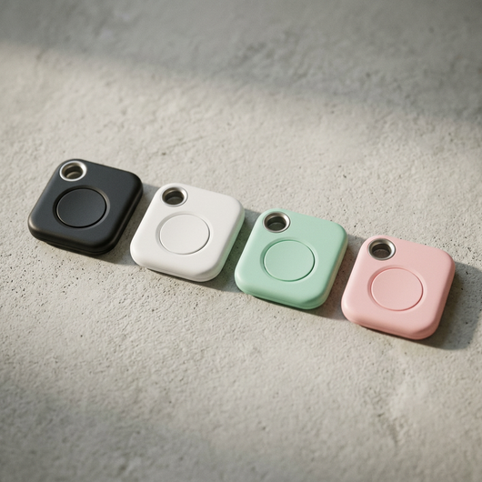Four bluetooth item finder tags black white green pink on concrete