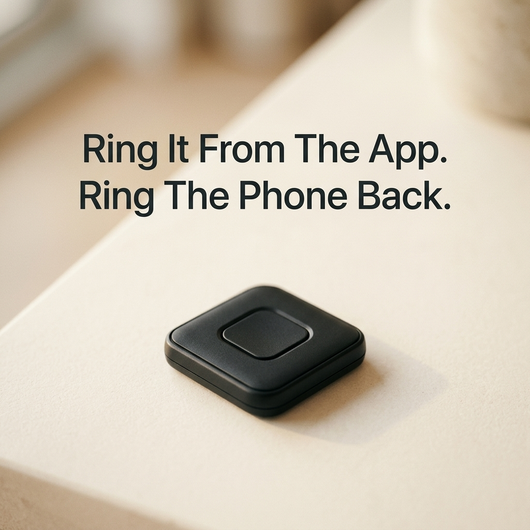 Black item finder tag with ring from the app text overlay