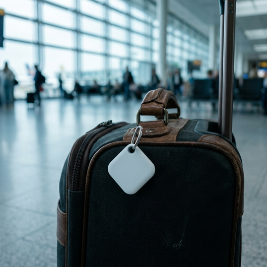 White item finder tag clipped to carry on suitcase handle airport