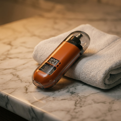 Orange rechargeable nose and ear trimmer on towel marble counter