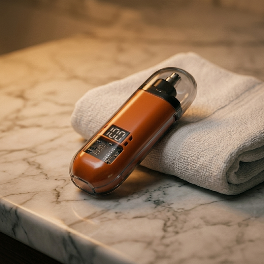 Orange rechargeable nose and ear trimmer on towel marble counter