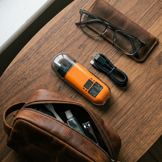 Orange trimmer flat lay with dopp kit and USB cable showing scale