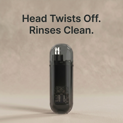 Black trimmer with head twists off rinses clean text overlay