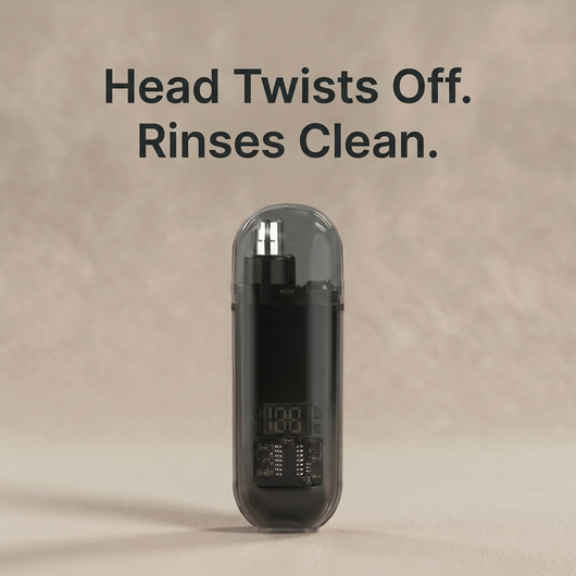 Black trimmer with head twists off rinses clean text overlay