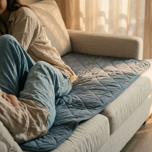 Woman resting on sofa with cooling gel mat across the seat cushion