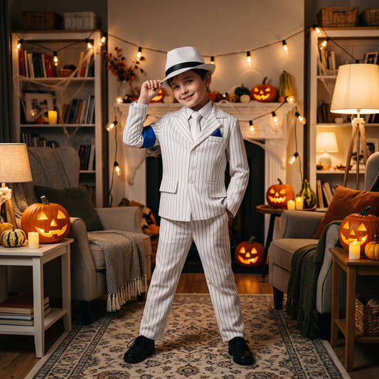 Boy posing in white pinstripe suit costume at a Halloween party at home