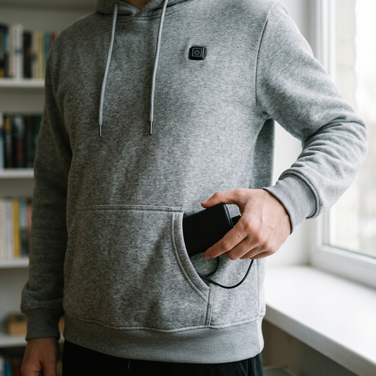 USB power bank held beside the gray hoodie pocket showing size