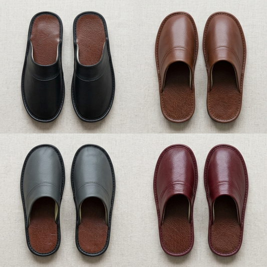 Four color options of men's house slippers flat lay brown black gray burgundy