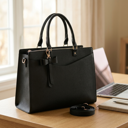 Black PU leather laptop work tote standing upright on a desk beside an open laptop