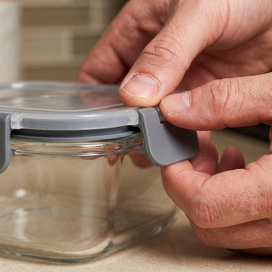 Close up of a snap lock latch and silicone gasket on a gray lid