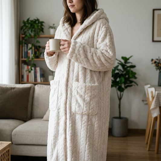 White hooded long lounge robe worn with the hood down in a living room