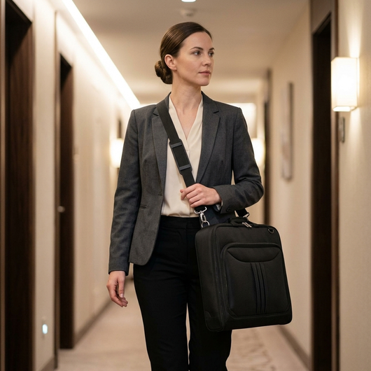 Garment bag carried on the detachable shoulder strap in a hotel corridor