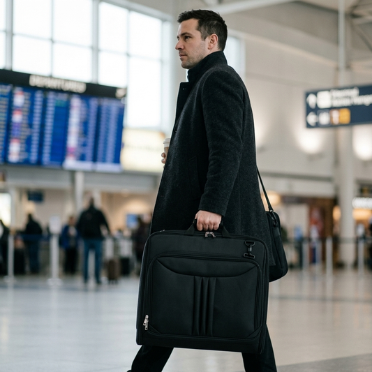 Folded garment bag carried by the top handle through an airport terminal