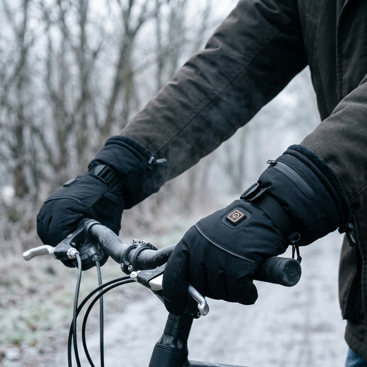 Heated gloves gripping bicycle handlebars on a cold morning ride
