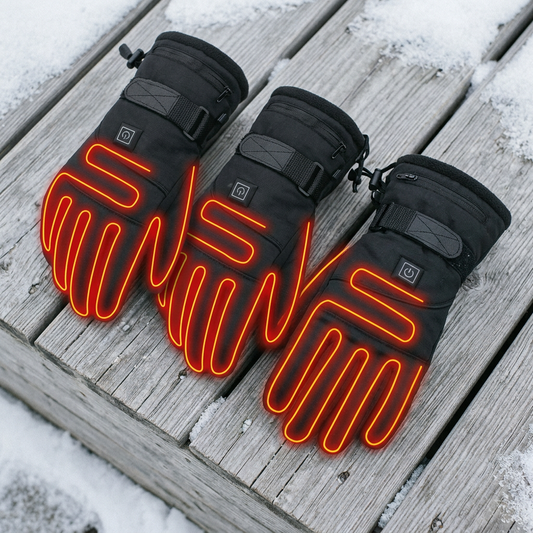 Pair of black rechargeable heated winter gloves on snowy wooden decking