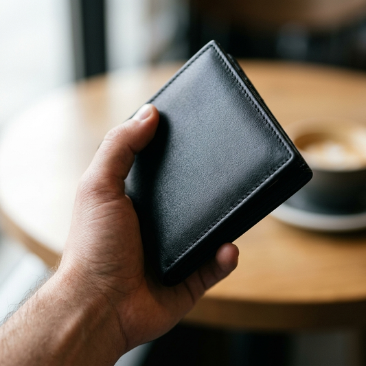 Black bifold leather wallet held closed in hand showing the perimeter stitching