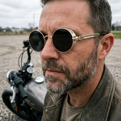 Man wearing Gold Black steampunk round sunglasses beside a cruiser motorcycle