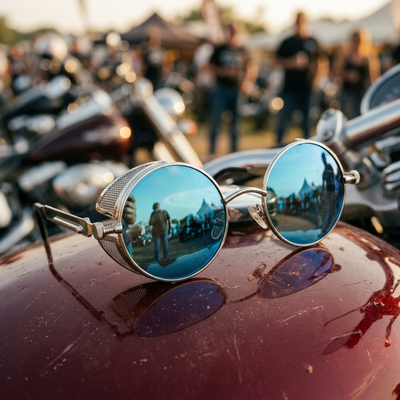 Silver Blue steampunk sunglasses resting on a motorcycle fuel tank at a rally