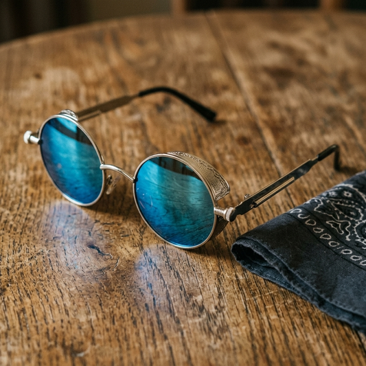 Silver Blue steampunk round sunglasses open on an oak table