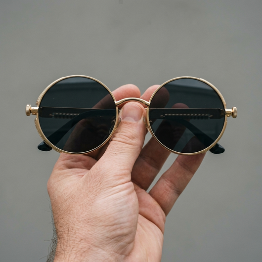 Gold steampunk round sunglasses held in hand showing frame size