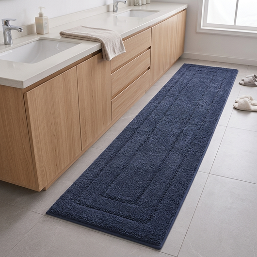 Long bath runner spanning a double vanity in a family bathroom