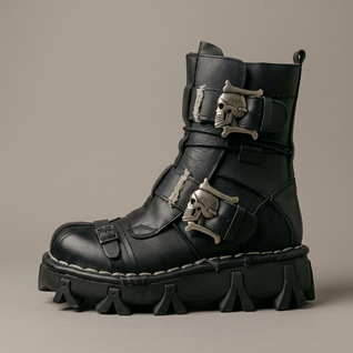 Men's Leather Skull Buckle Boots