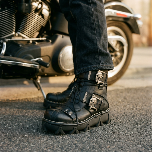 Black skull buckle boots worn with boot cut jeans beside a cruiser motorcycle