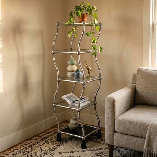 Silver rotating display shelf in a living room holding ceramics and books