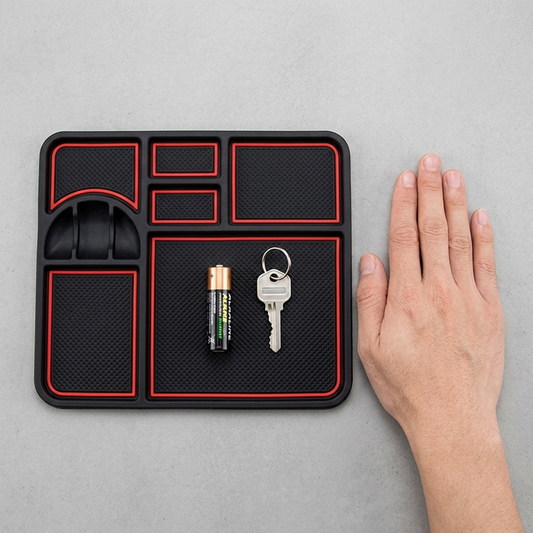 Dashboard mat beside a hand and phone showing its size