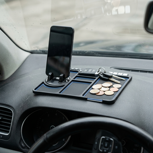 Dashboard organizer mat in a car holding a phone, keys and coins