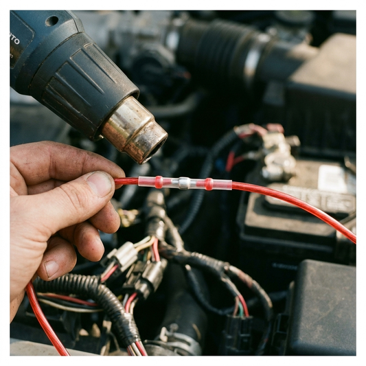 Heat gun shrinking a connector down onto a wiring harness