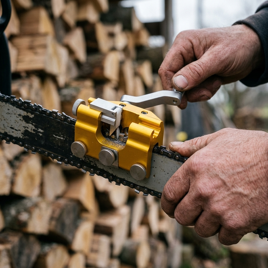 Sharpening jig clamped to a chainsaw bar with hands turning the crank