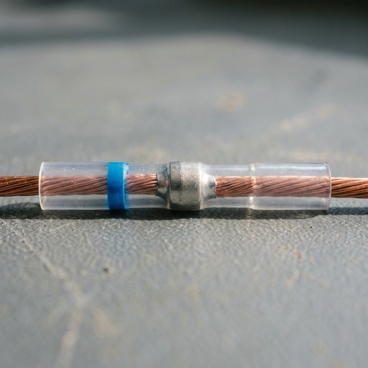 Macro of stripped copper wires meeting at the solder ring inside a connector