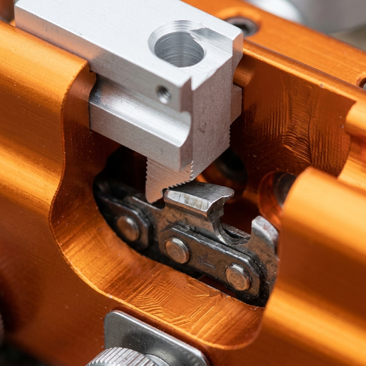 Macro of the guide sleeve and pawl against a chain tooth