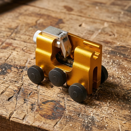 Yellow chainsaw chain sharpening jig on a wooden workbench