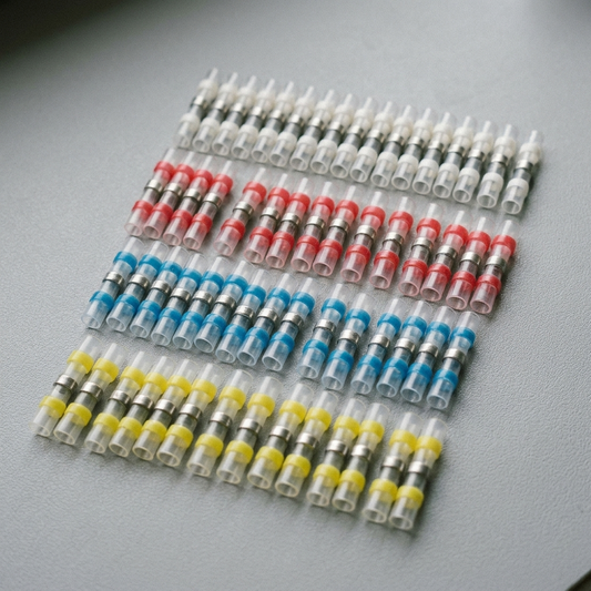 Solder seal butt connectors grouped by color band on a workbench